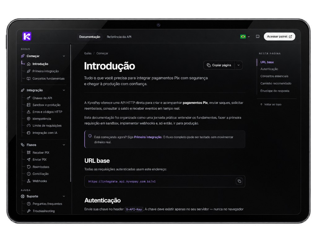 Documentação da KyvoPay em português exibida em um tablet